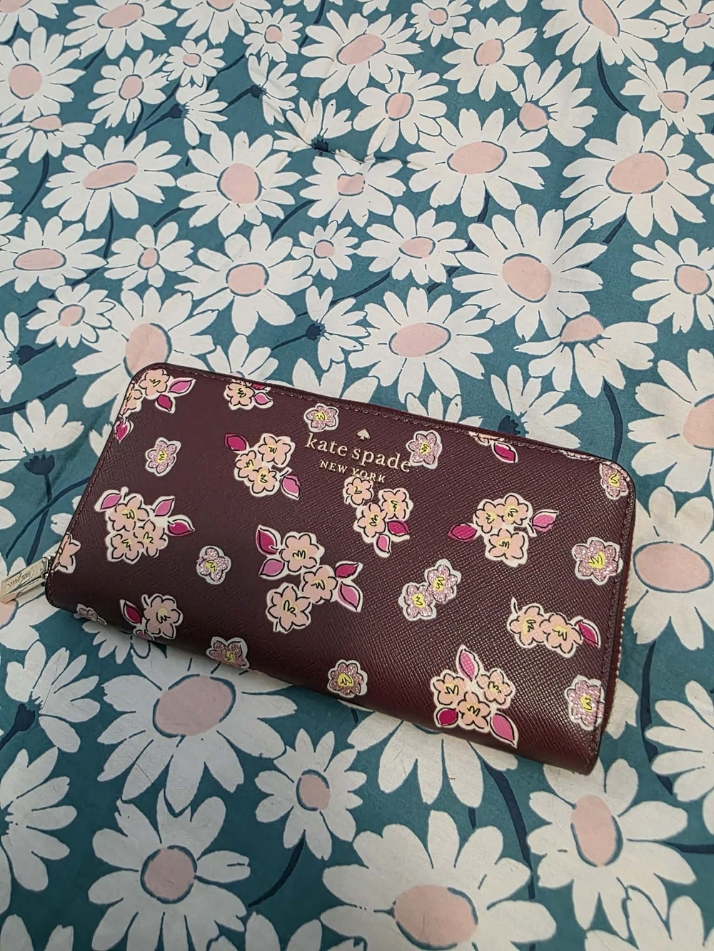Kate Spade Floral Zip Around Wallet - Burgundy with Pink Flowers